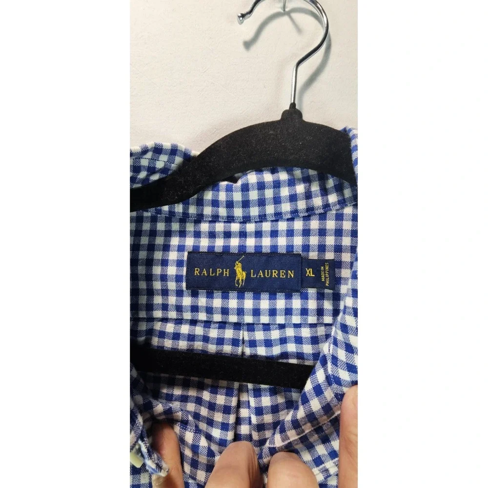 Ralph Lauren Mens Classic Fit Blue Gingham Check Button Down Shirt Flesh Pony XL